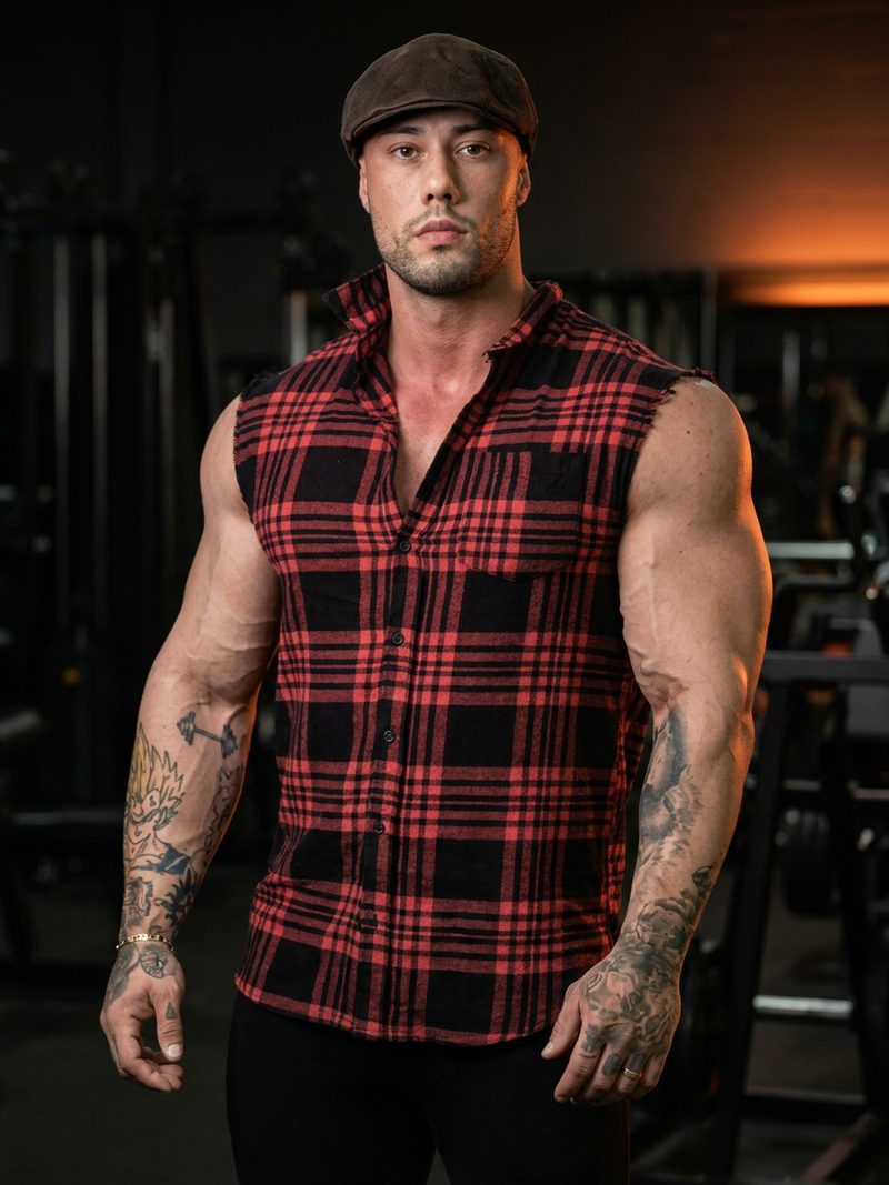 Paulo Jorge de pé em uma academia, de boina e camisa xadrez sem mangas